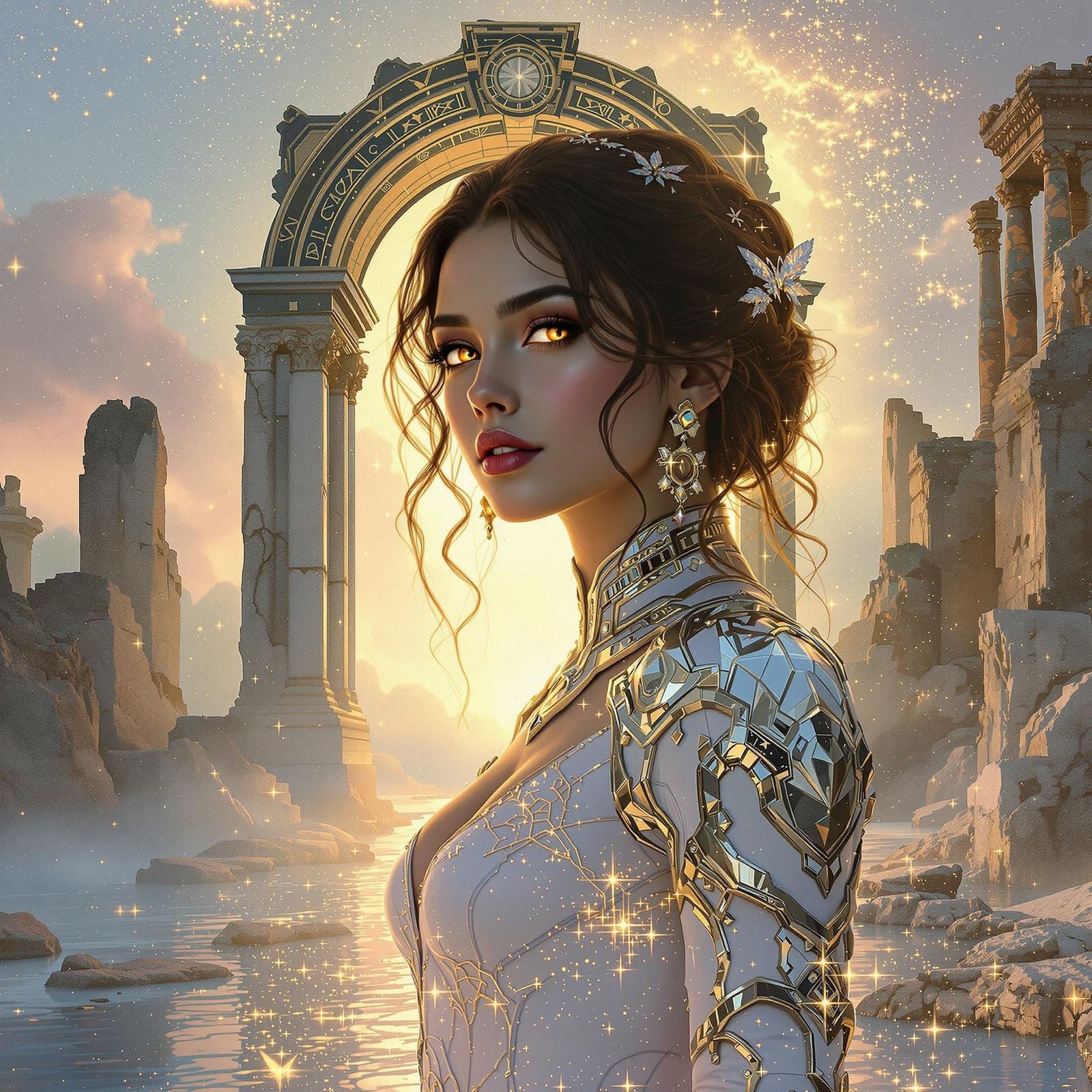 Ethereal Goddess in Ancient Ruins with Luminous Aura