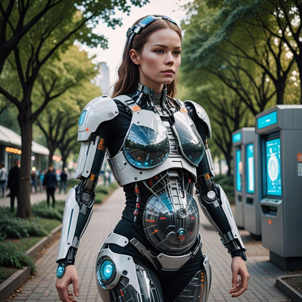Pregnant Cyborg in Futuristic Park