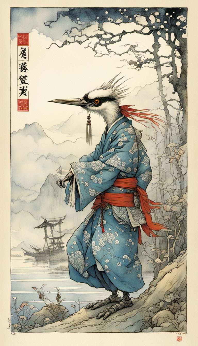 Whimsical Crane Illustration in Japanese Art Style