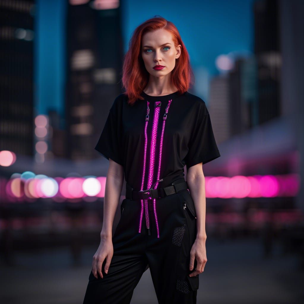 Futuristic Woman in Glowing Cargo Pants