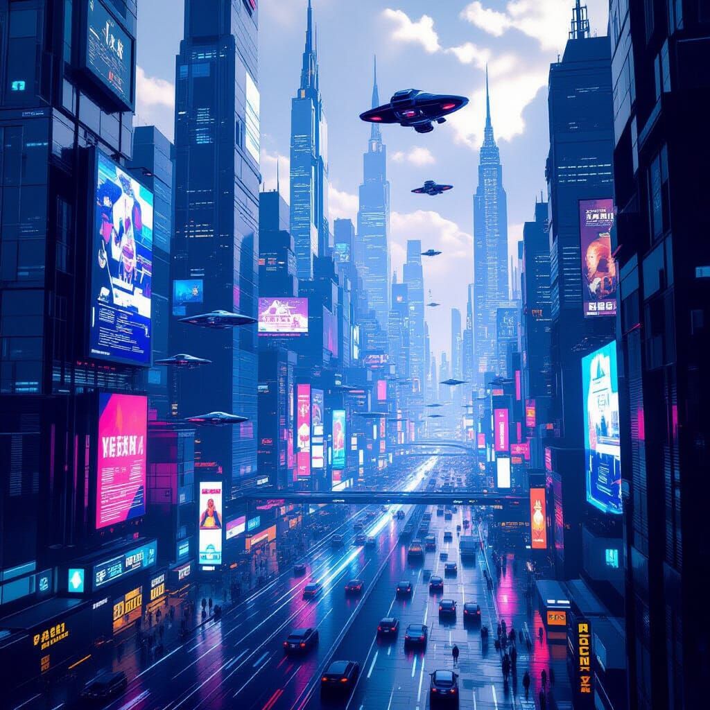 Futuristic Cityscape with Neon Lights in Matte Painting Styl...