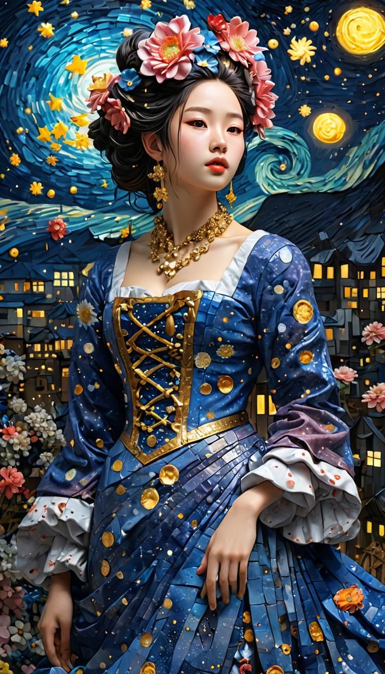 Pixel Art Mosaic of Starry Night in Impasto Style