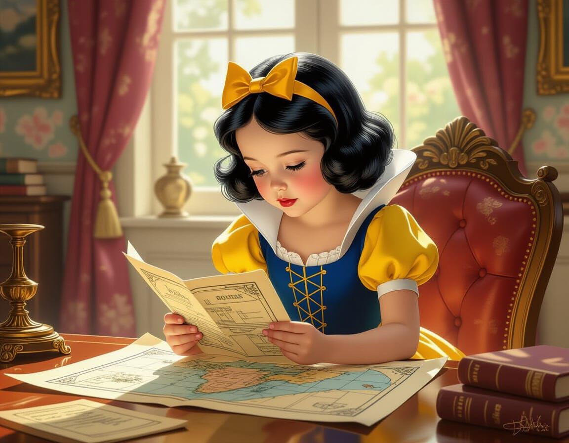 Girl Studying a Map in Pin-Up Painterly Style