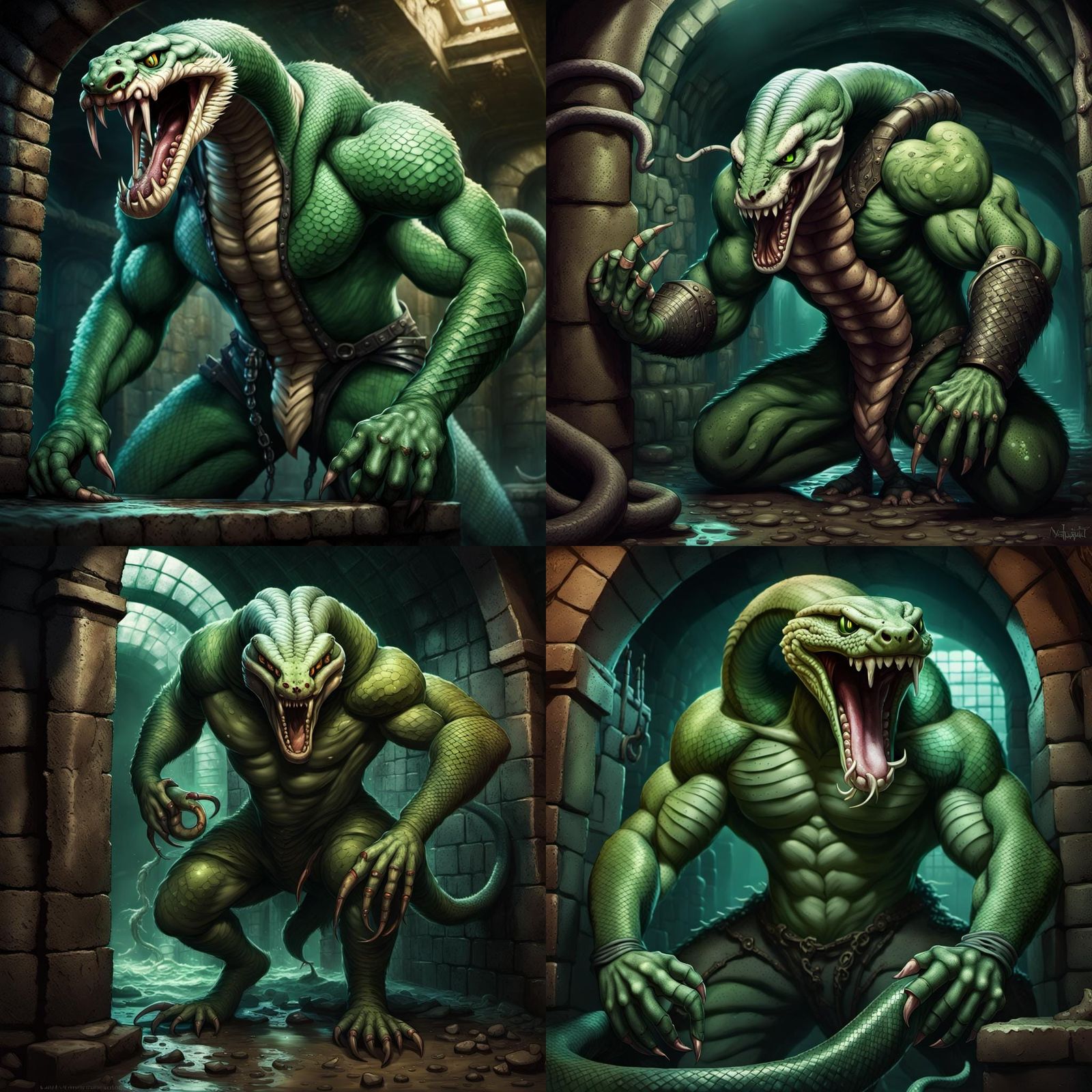 Muscular Snake-Headed Man in Fantasy Sewer