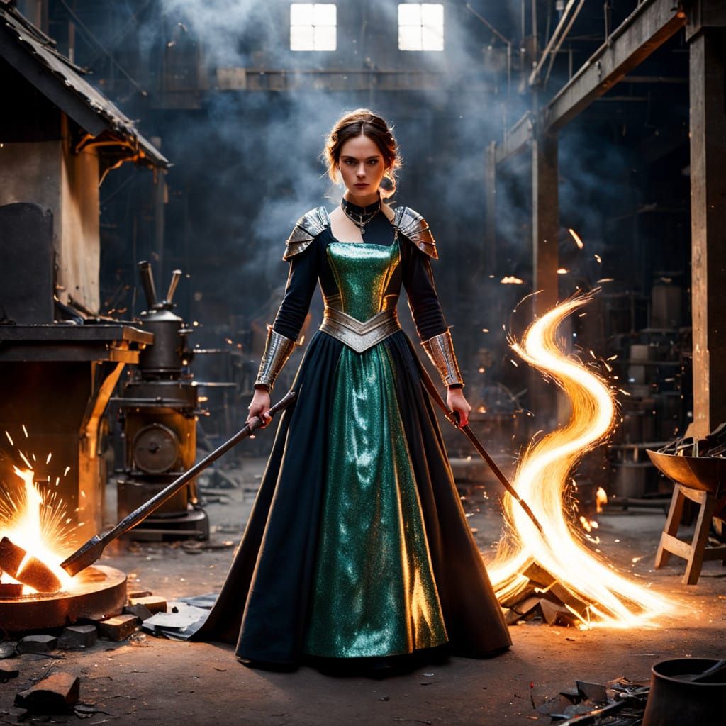 Woman Shapes Destiny in Sparkling Gown Before a Forge