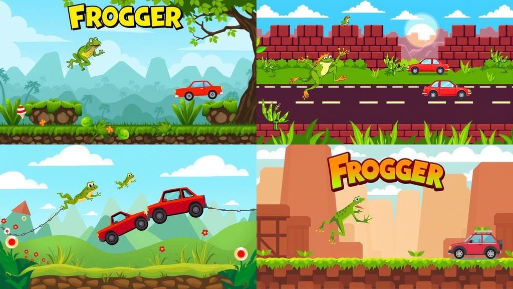 Frogger Video Game featuring jumping Frogs and Cars