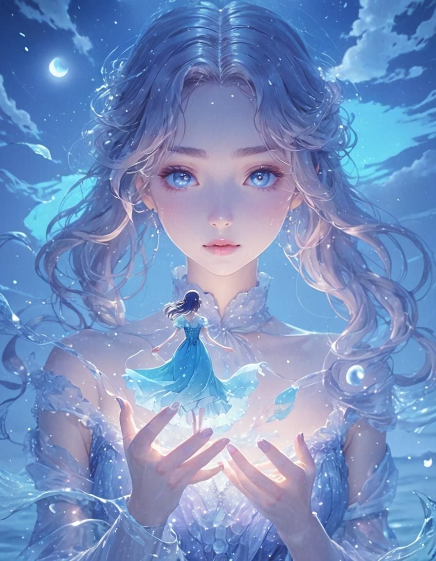 Anime Girl Walking on Water in Moonlight
