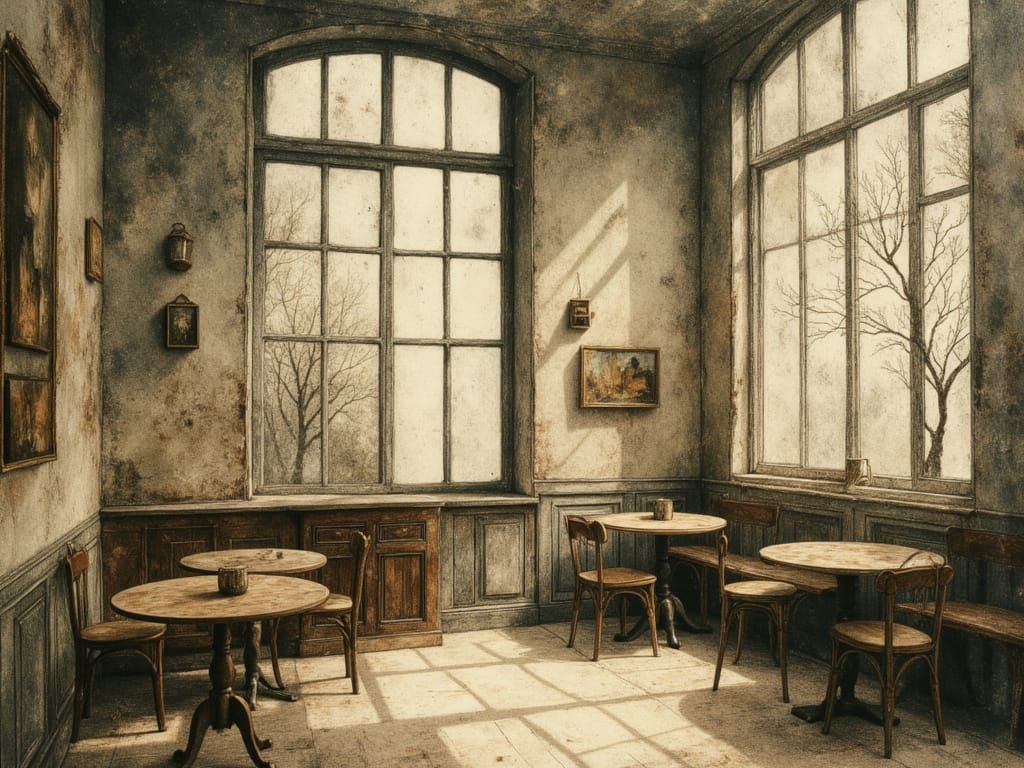 Old Cafe at Dawn Watercolor Painting