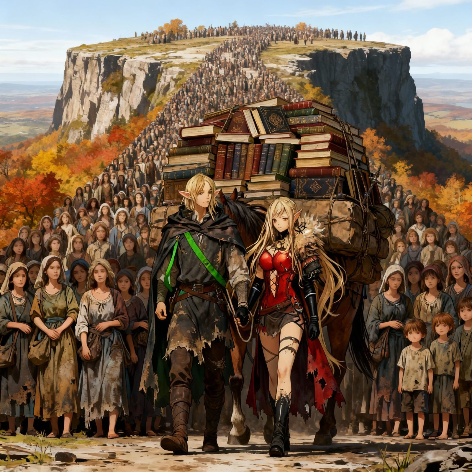 Couple Leads Refugees Across Autumn Plateau in Anime Style