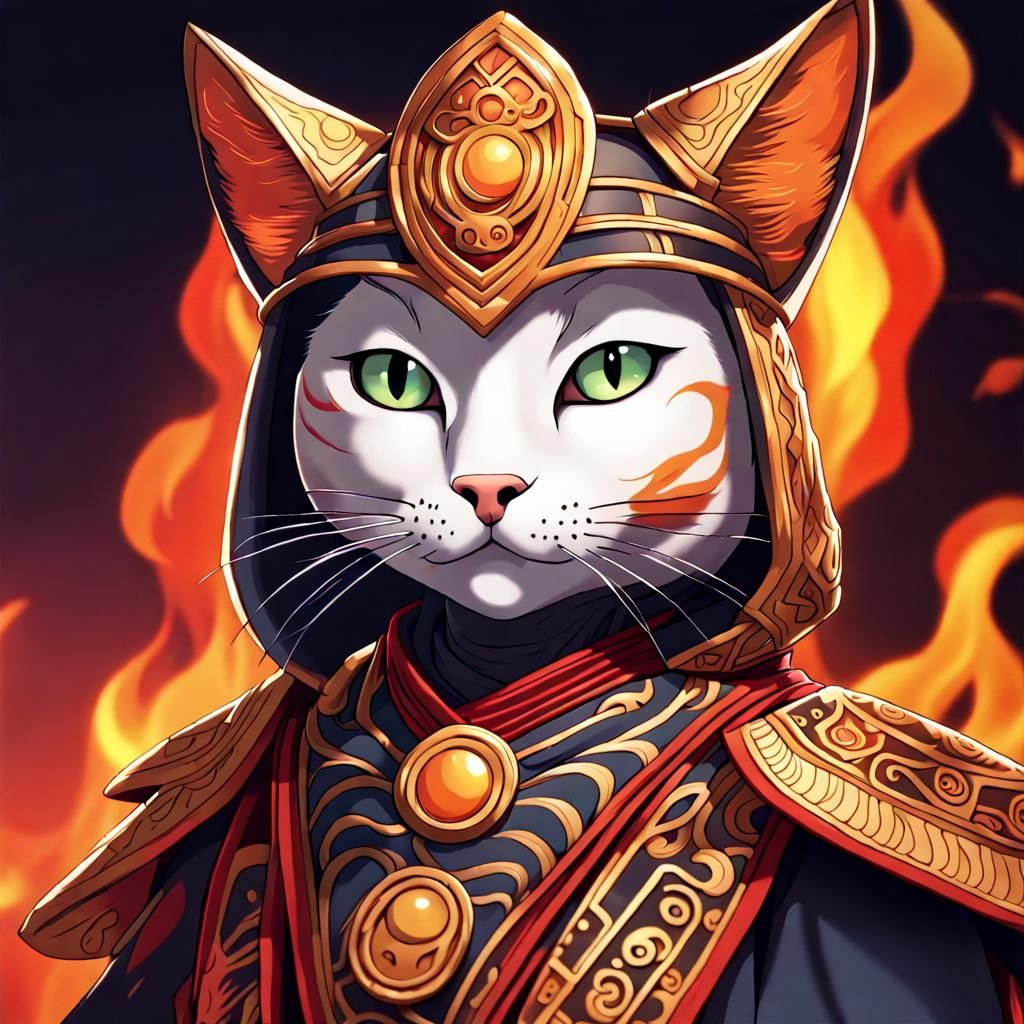 Costumed Cat Close-Up in Fire Art Style