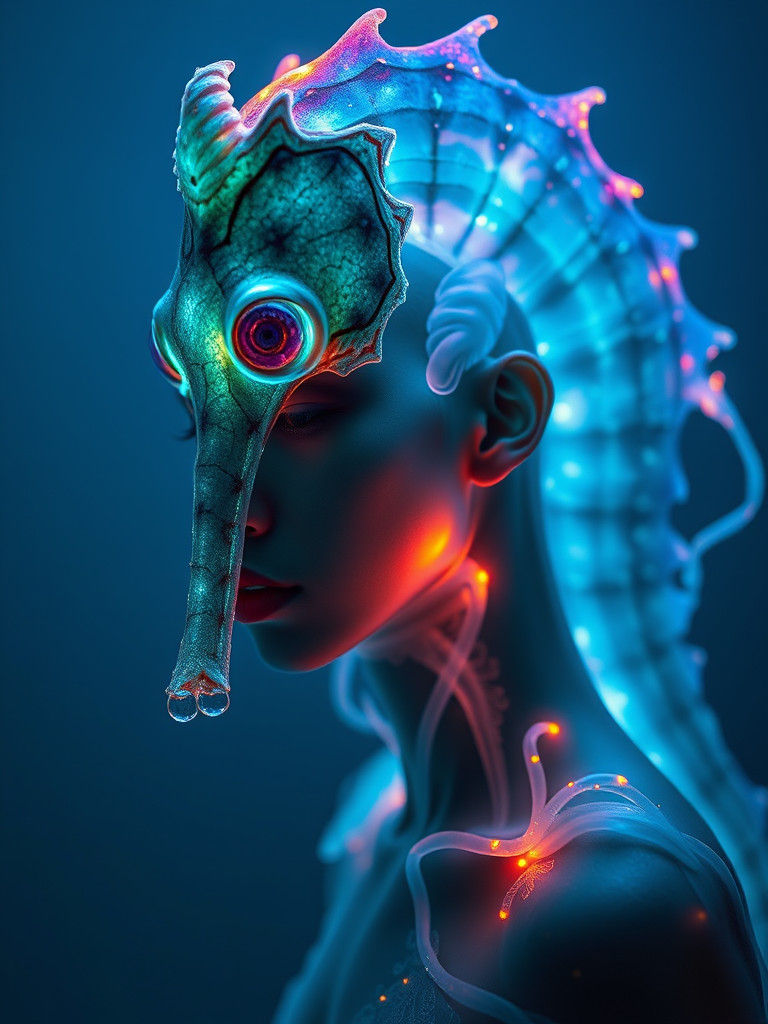 Bioluminescent Seahorse Figure with Asian Face