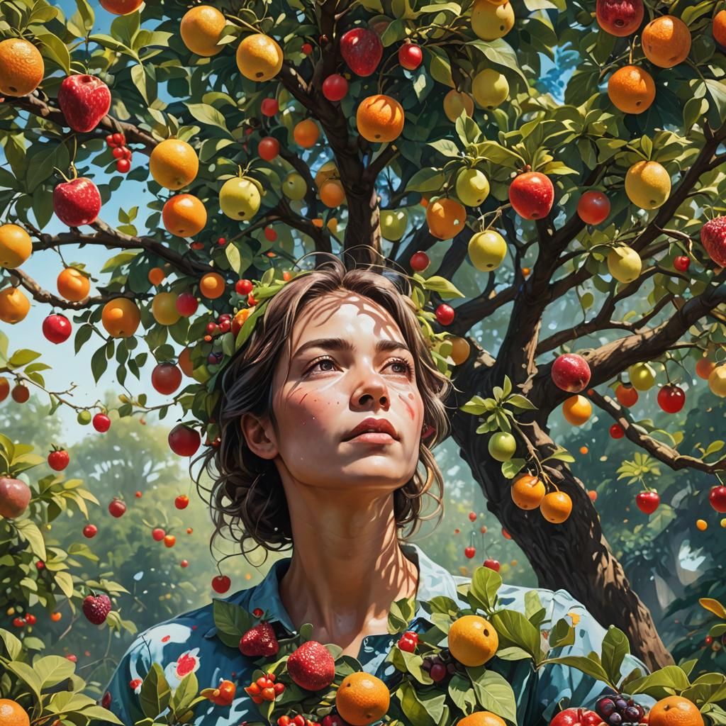 Hyperrealistic Garden Scene with Fruit Trees