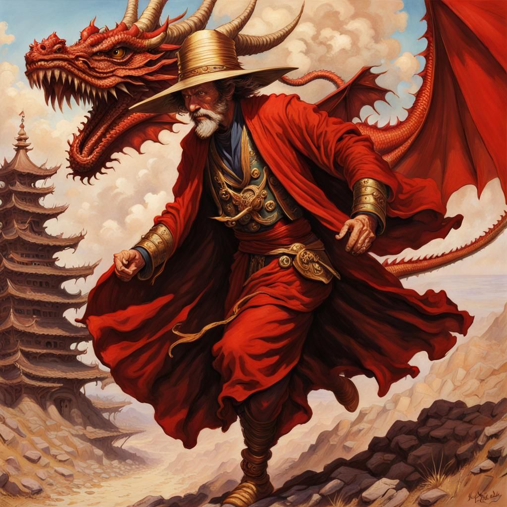 Wizard Running from Dragon in Ethereal Fantasy Style