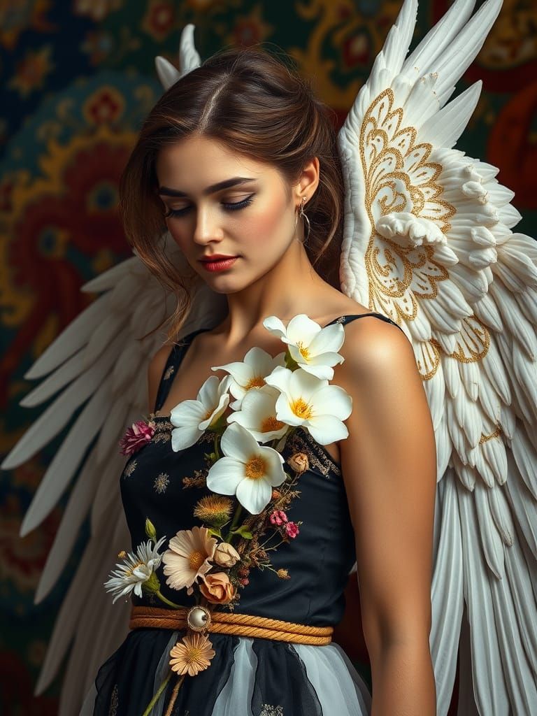 Angelic Woman Portrait with Flowers and Wings