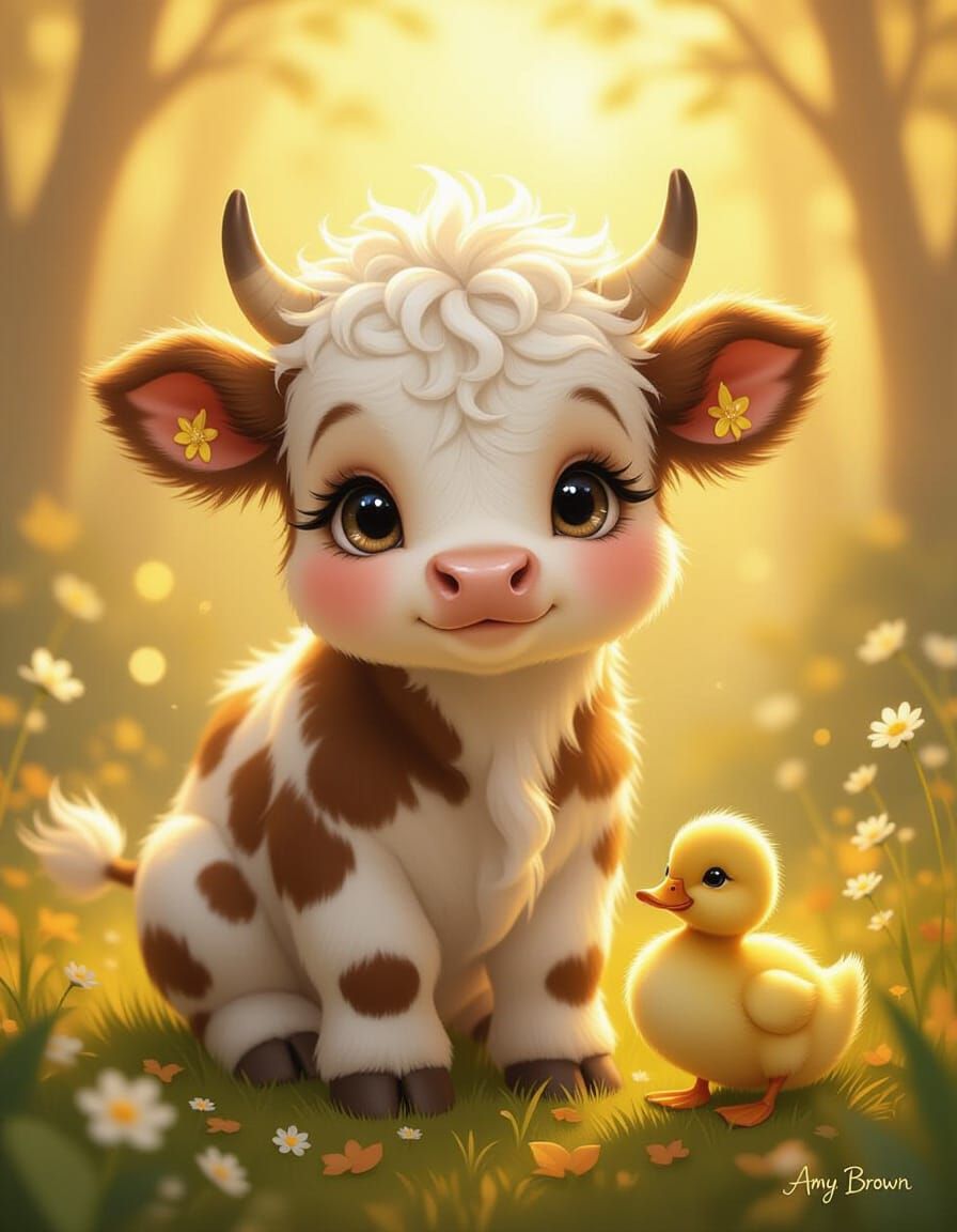 Whimsical Baby Cow with Curlers in Magical Forest