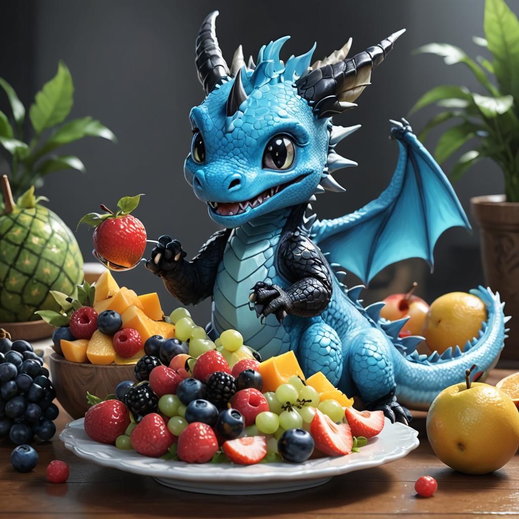 Cute Blue Dragon Eating Fruit Salad in 3D Anime Style