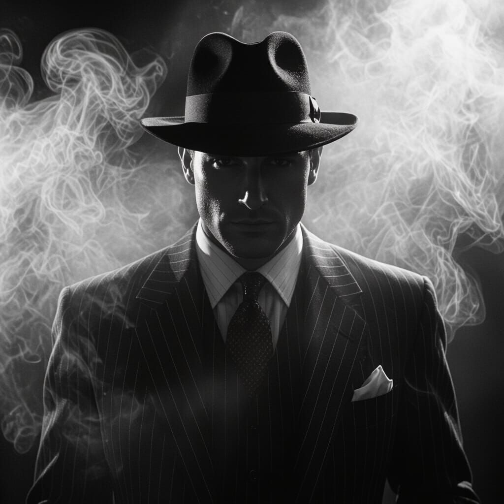 Man in Striped Suit and Fedora in Dramatic Noir Lighting