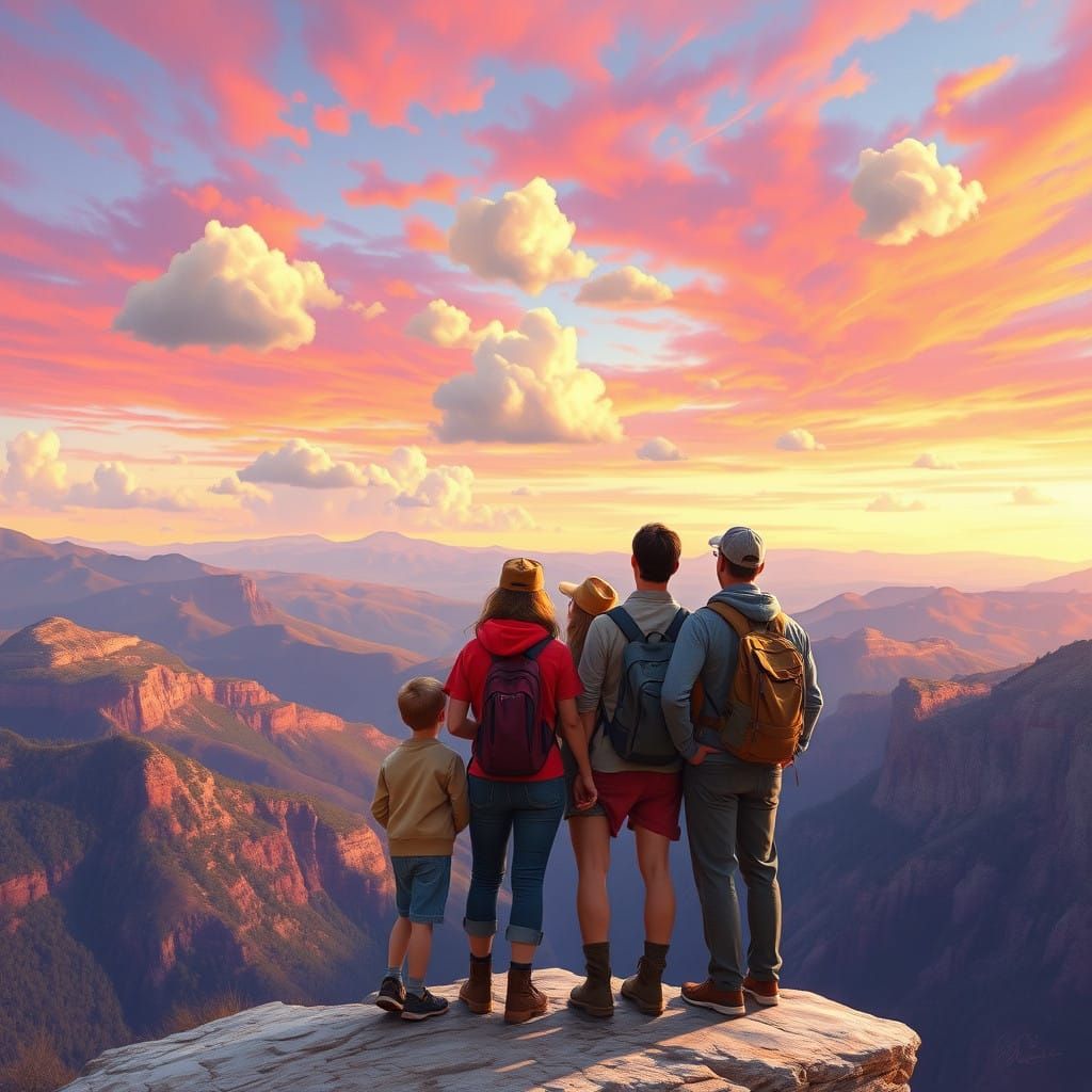 Family Standing at Cliff's Edge, Gazing Out at Vibrant Mount...