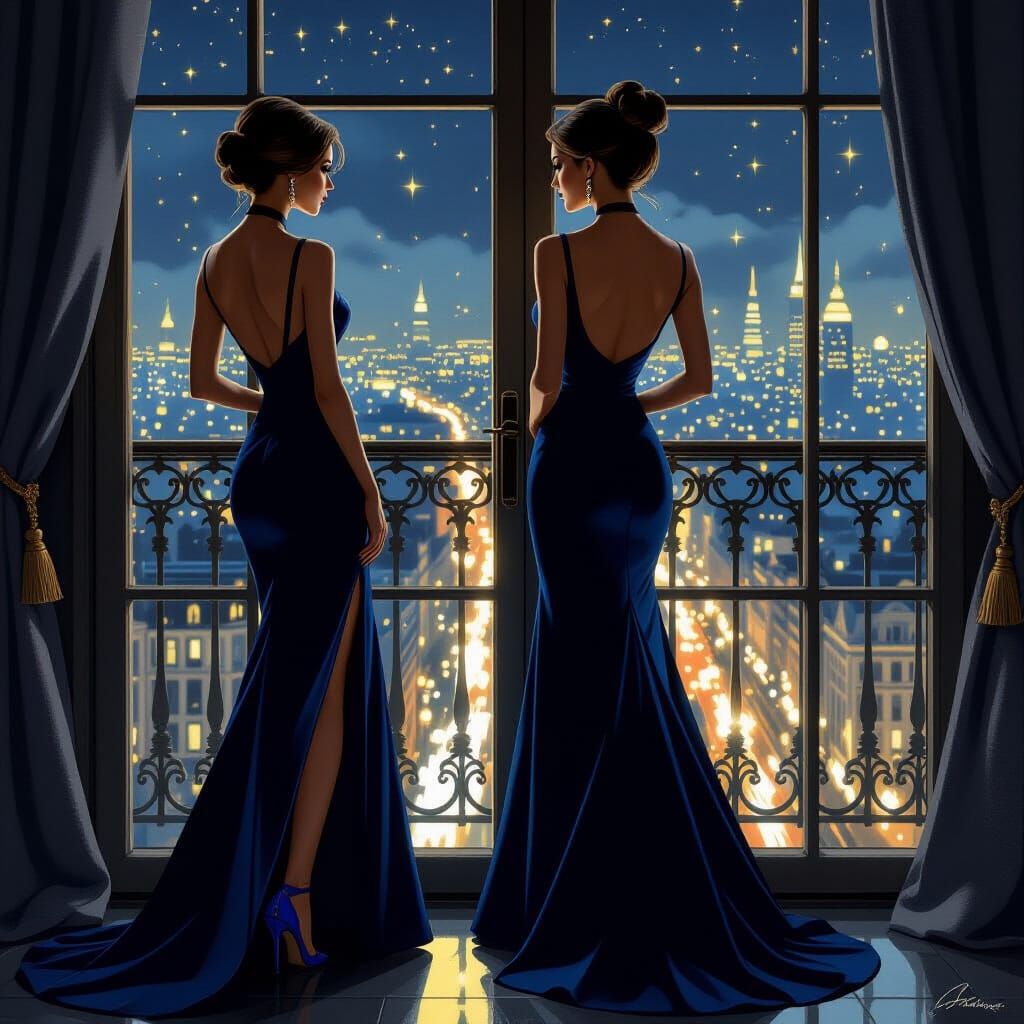 Businesswoman in Blue Dress by French Window Overlooking Cit...