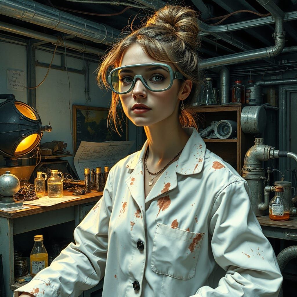 Mad Scientist Woman Assembles Futuristic Contraptions in Dar...