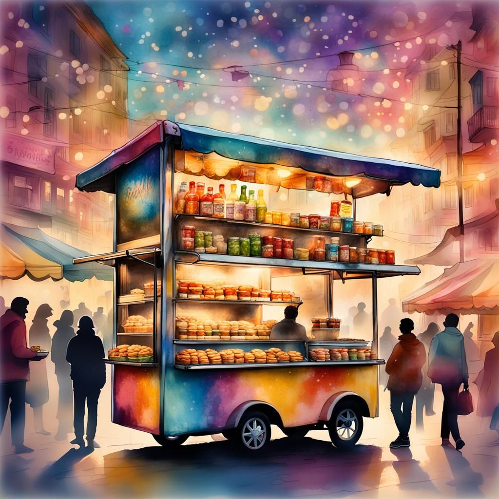 An artistic  view of a food cart or stall, with colorful signs and people enjoying their favorite snacks.