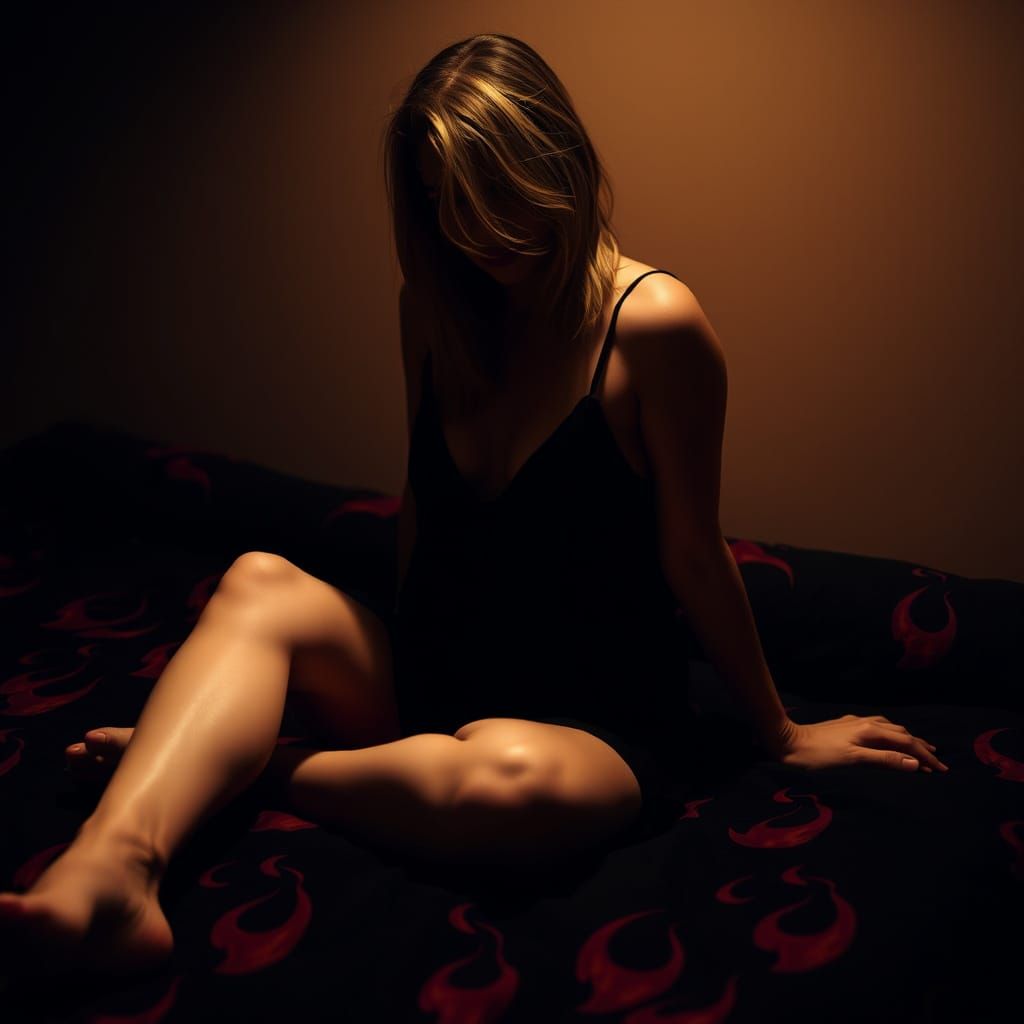 Woman in Shadowy Light on Patterned Bed