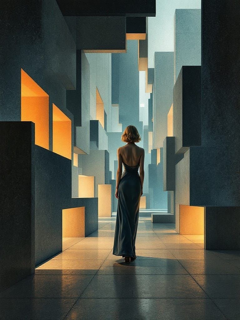 Pin-Up Woman in Cubist Woodblock Style