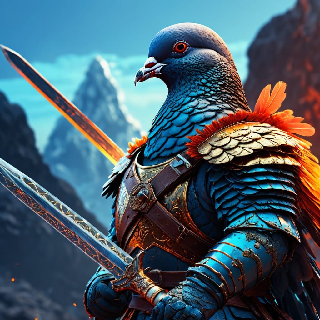 Pigeon Warrior with Fiery Plumage in Digital Art