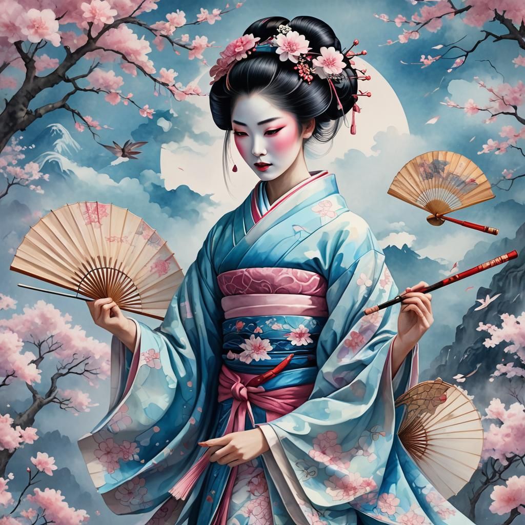 Sacred Geisha with Cherry Blossoms and Fractal Designs