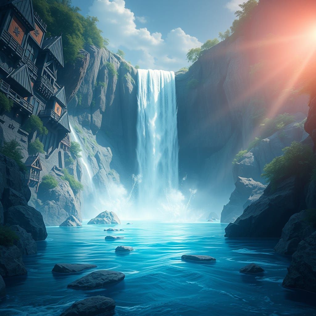Ethereal Waterfall in Vibrant Fantasy Landscapes
