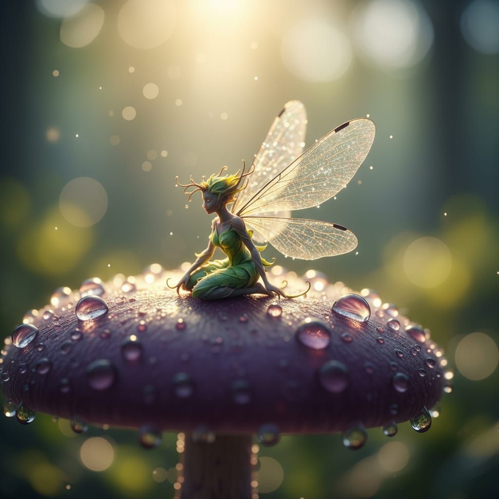 Ethereal Dryad on Purple Mushroom: Macro Dew Drop Photograph...