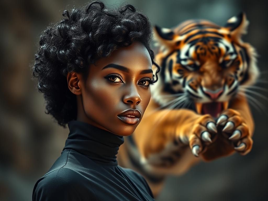 Nubian Woman and Bengal Tiger Fusion, Vogue Style