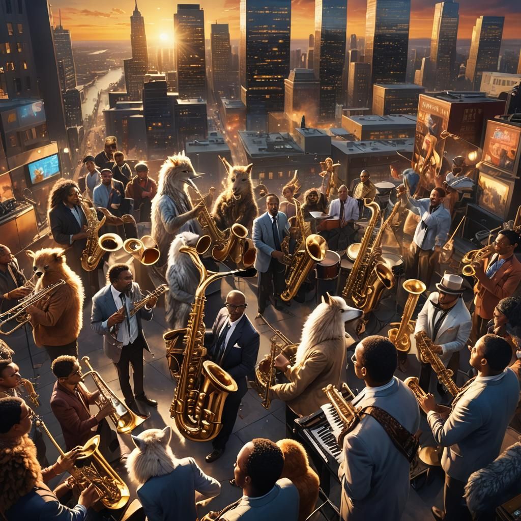 Hyperrealistic Animals Playing Jazz at Sunset