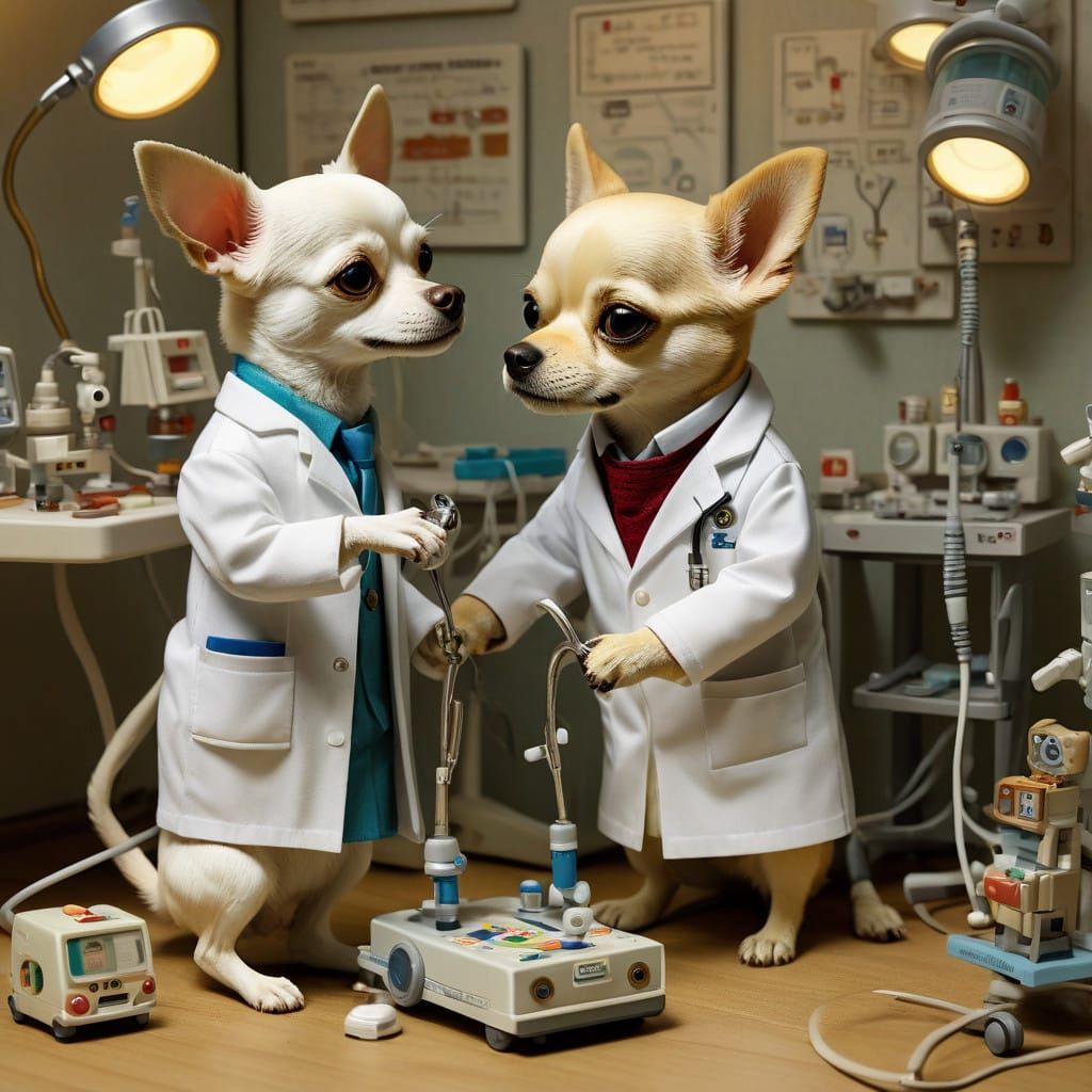 Adorable Chihuahua Doctor Examines Patient in Toy Hospital