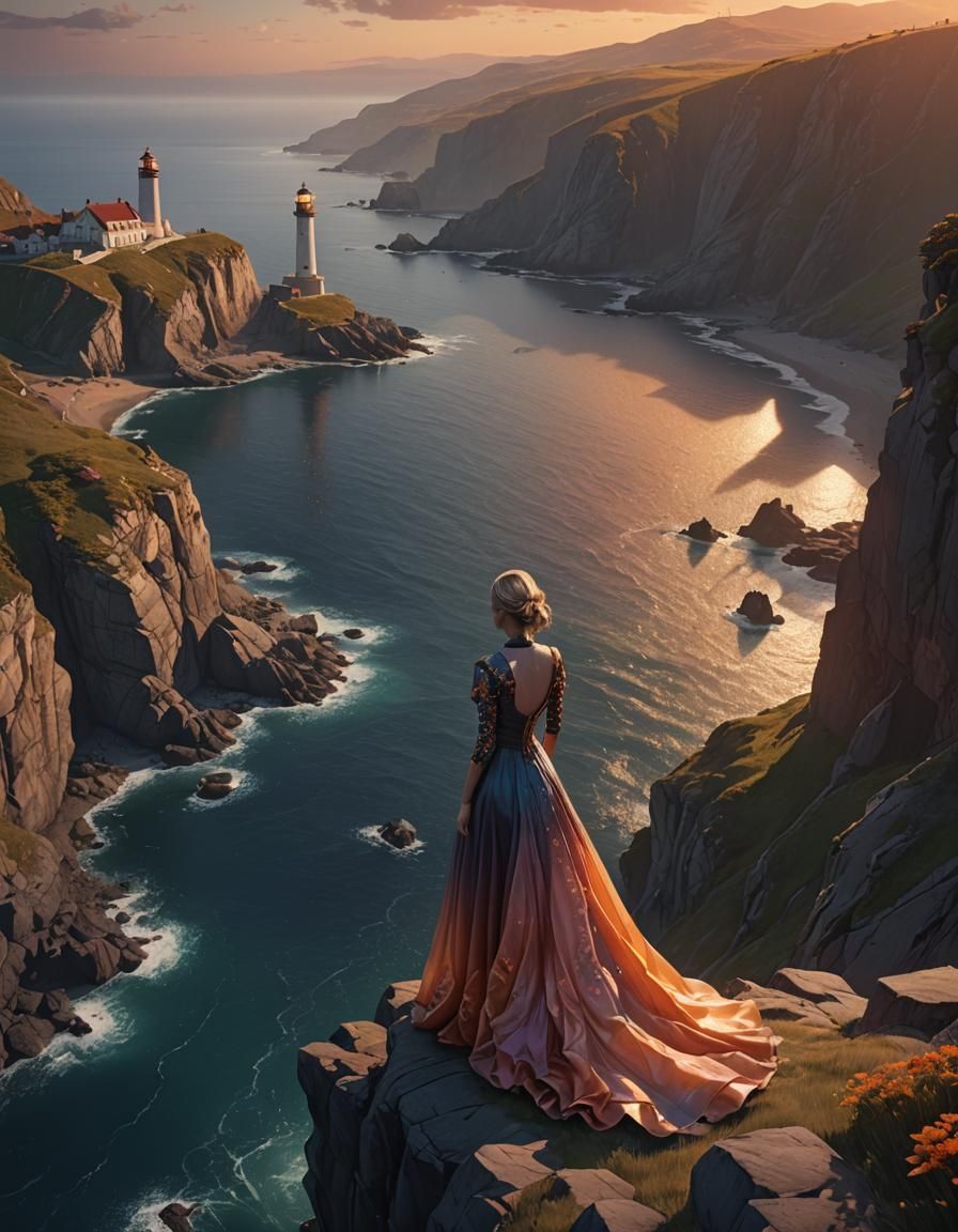 Cliffside Lighthouse Sunset: Detailed Matte Painting