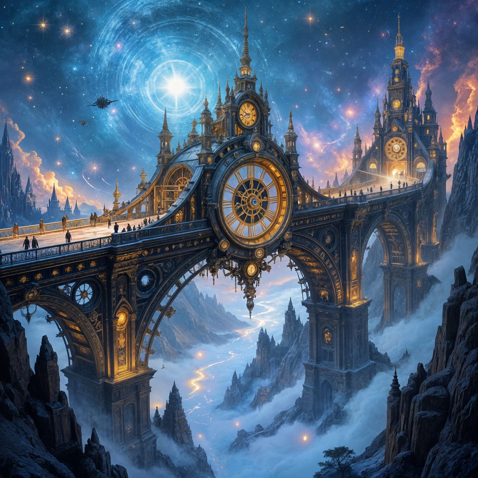 Cosmic Clockwork Bridge in Gothic Celestial Style