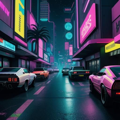 Neon Cityscape with Muscle Cars in Synthwave Style