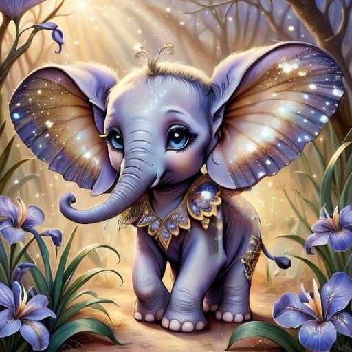 Whimsical Elephant with Glittering Wings on Savannah