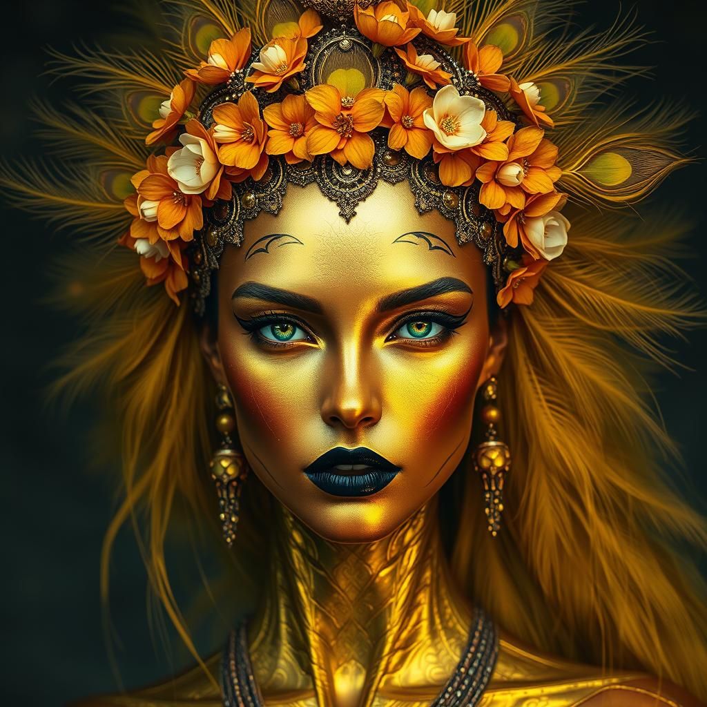 Golden Woman with Peacock Feathers in Hyper-Realistic Style