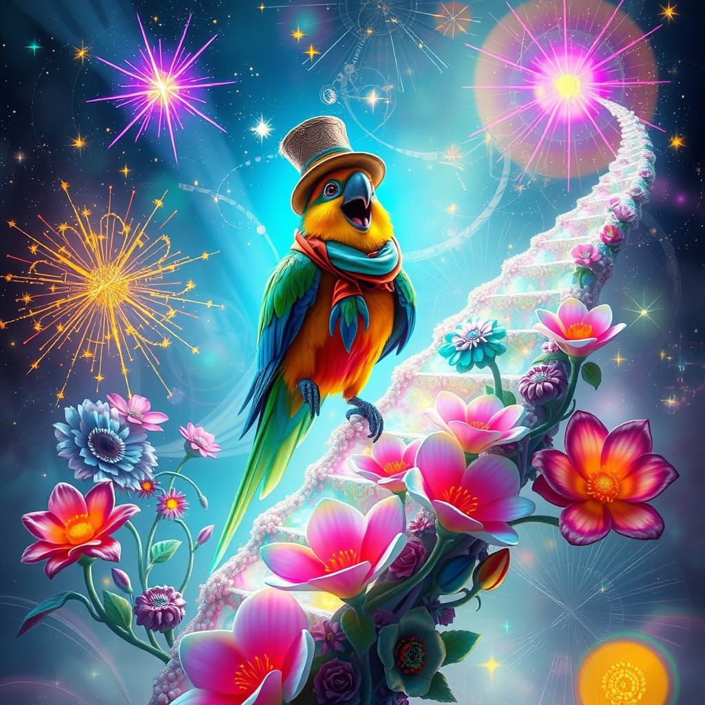 A hysterically laughing crazy Parrot perched atop a spiraling staircase made from glowing flowers emerging from the hear...