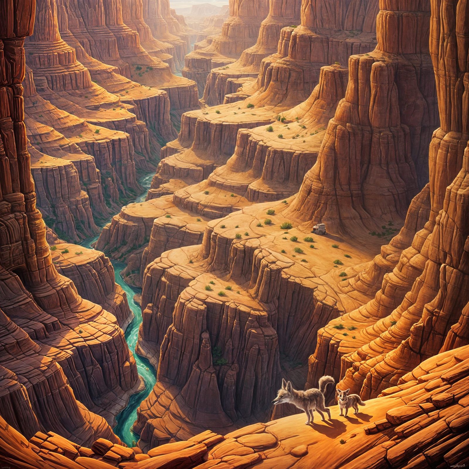 Cartoon Coyote Falling in Desert Canyon Oil Painting