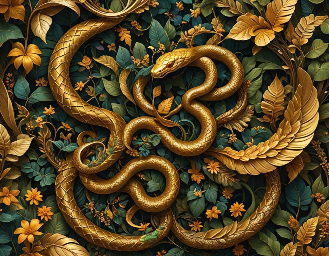 Golden snake with wing in garden of Eden