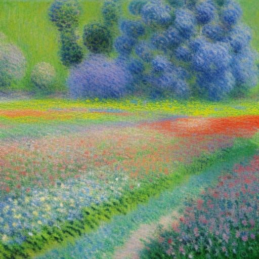 Giverny Flower Field with Dog in Neo-Impressionist Style