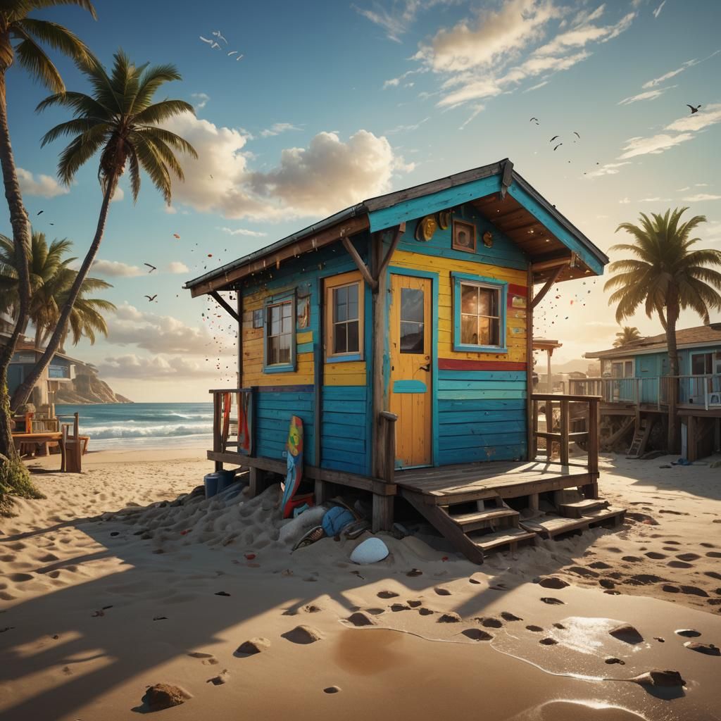 Hyperrealistic Malibu Beach Hut Splash Art