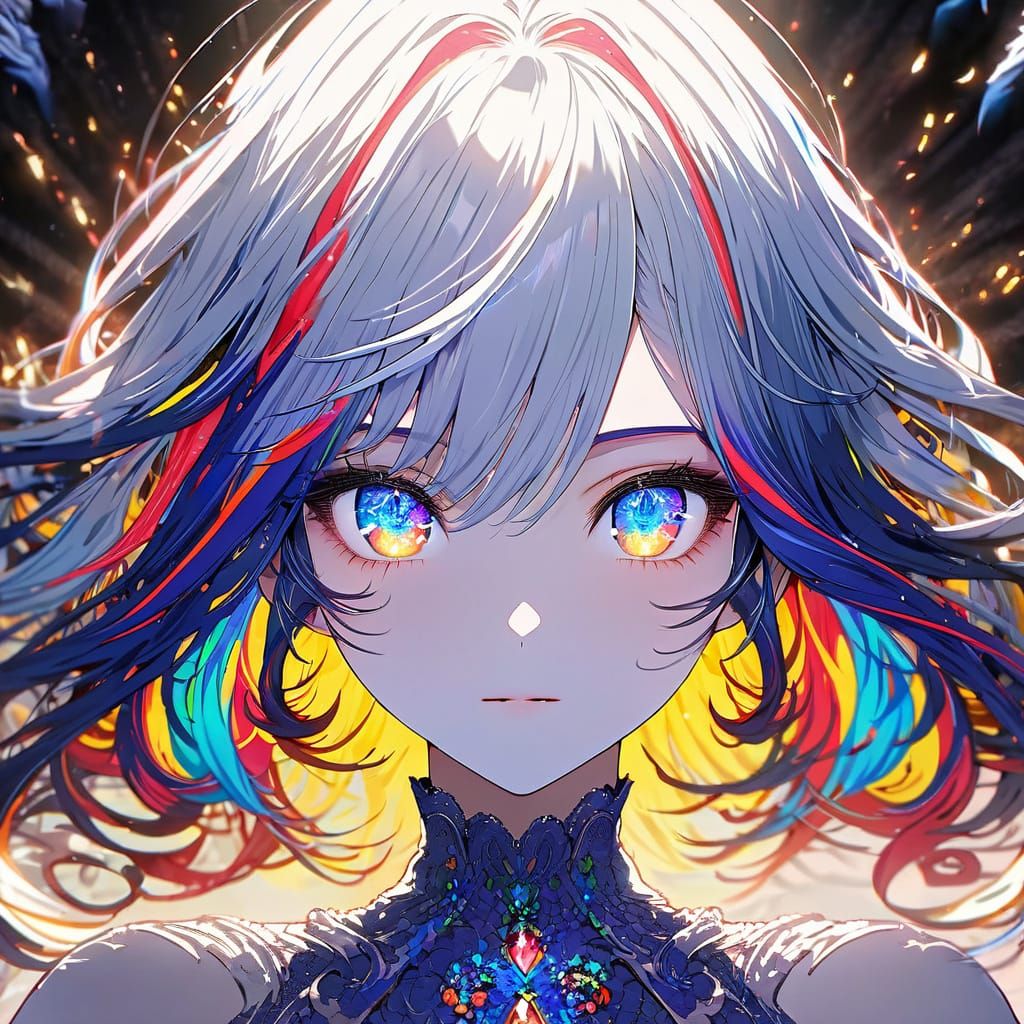 Vibrant Anime Girl with Multicolored Hair and Eyes