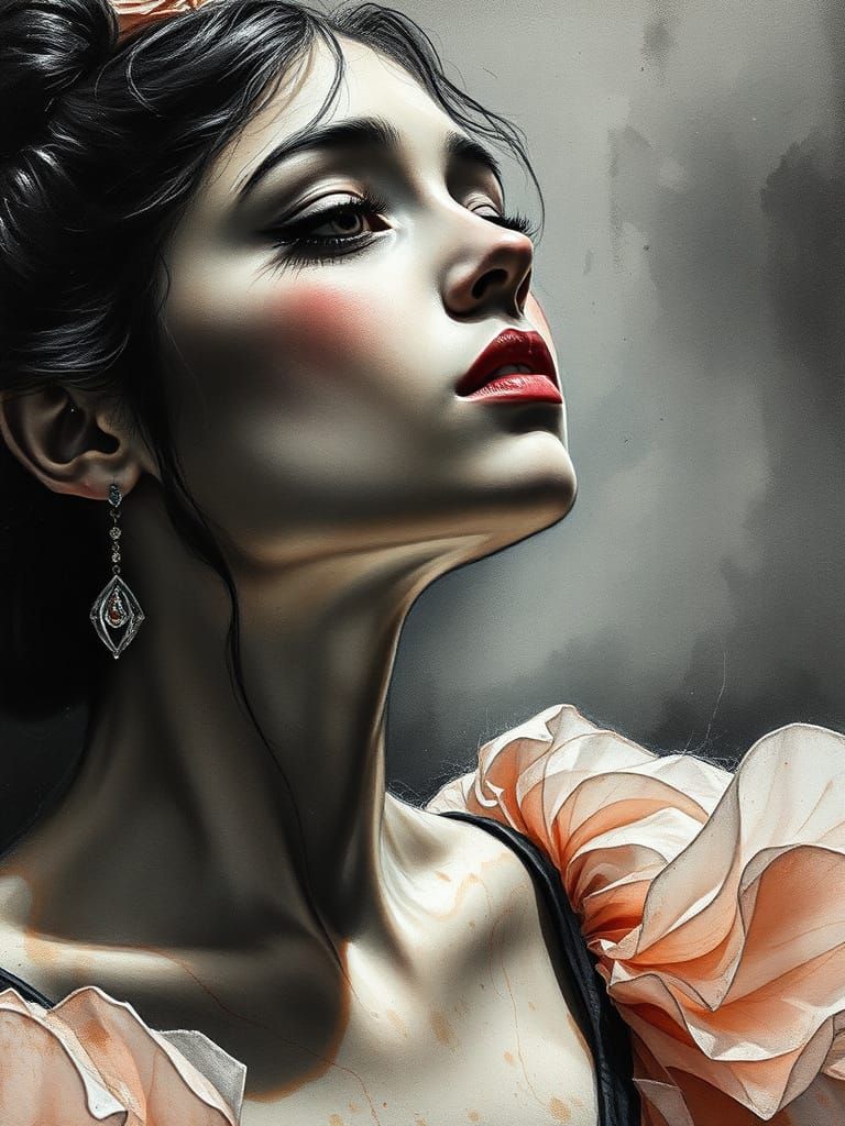 Ballerina's Intense Focus in Charcoal Watercolor Style