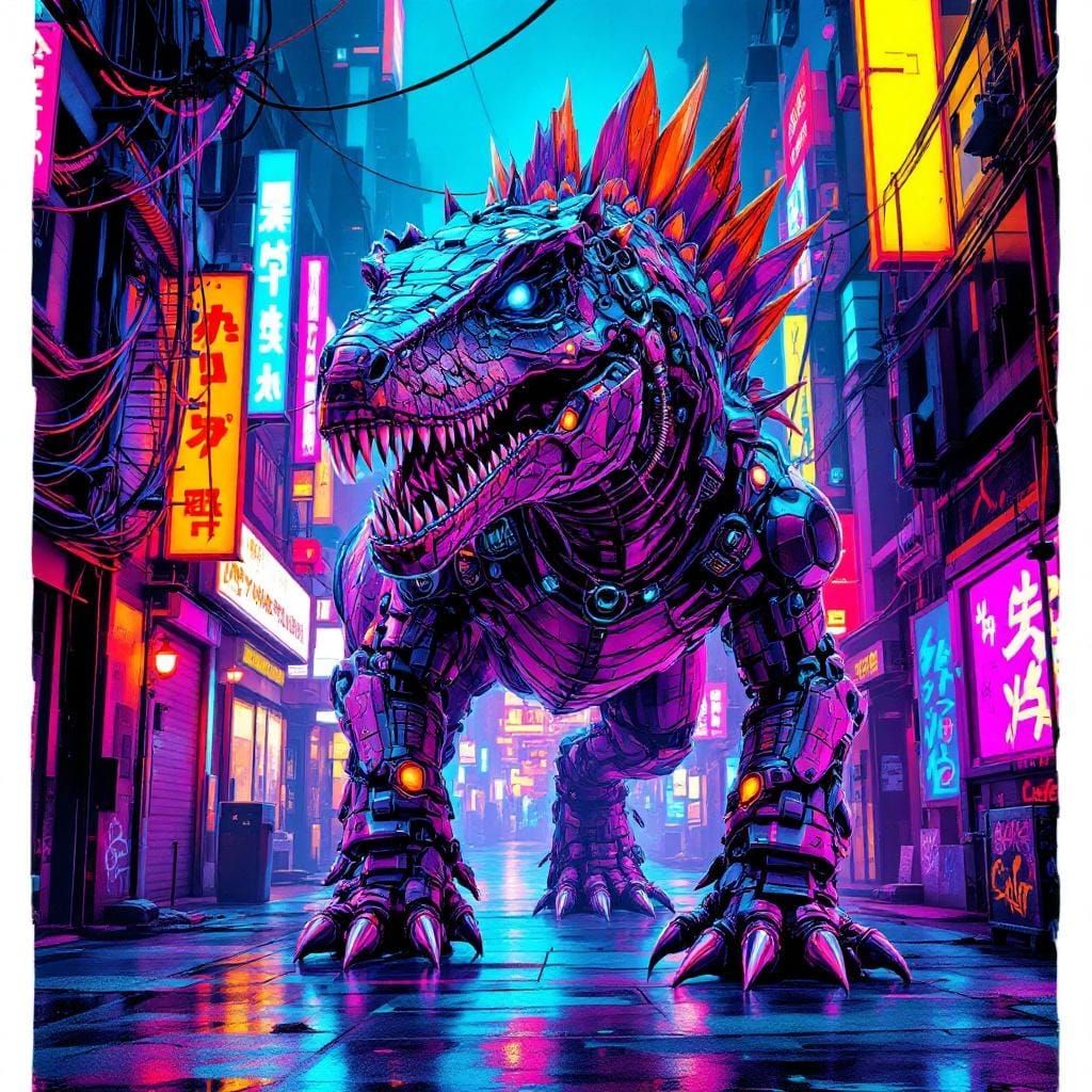 Cyberpunk Dinosaur in Neon Cityscape