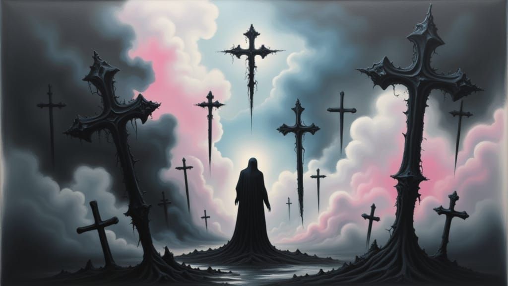 Surreal Plague Doctor Amidst Ethereal Crosses in Heavenly Mi...