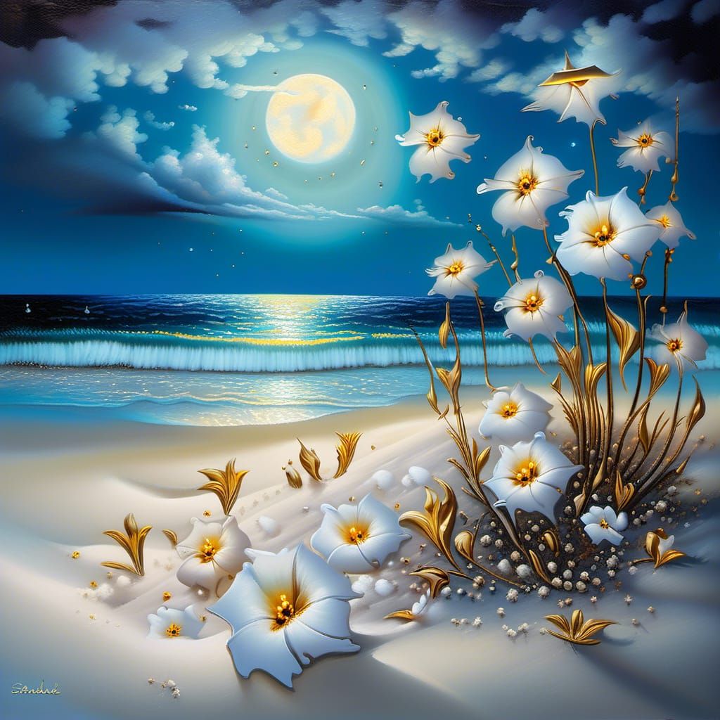 White sand flowers blooming on the beach in the moonlight at night surrealism Salvador Dali matte background melting oil...