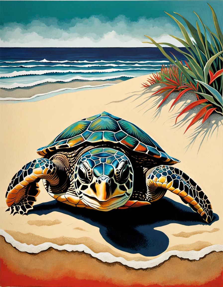 Baby Sea Turtle Crawling to Ocean, Mixed Media